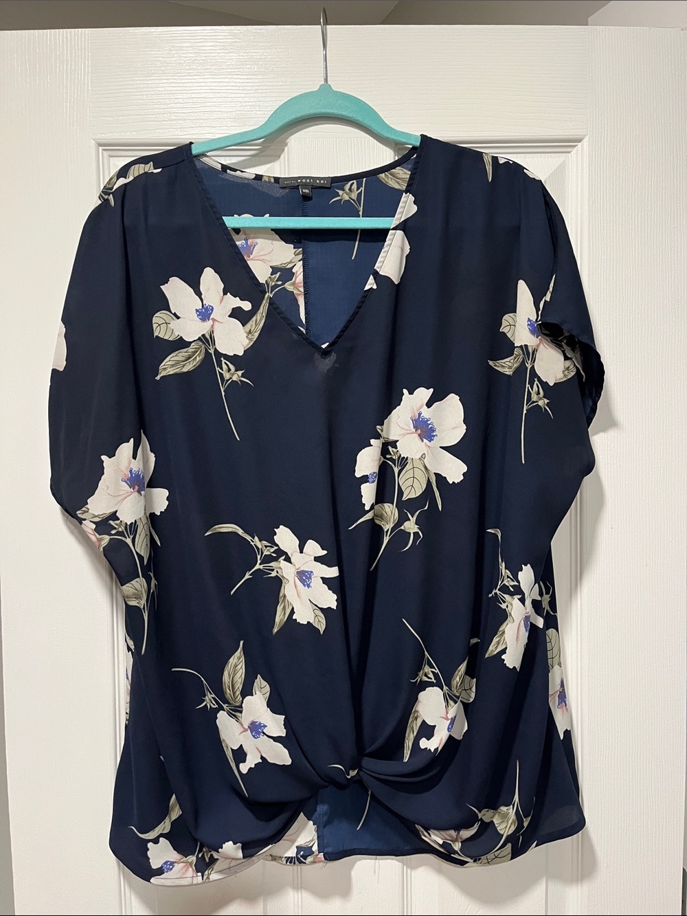 West Kei Navy Floral Twist-Front V-Neck Blouse